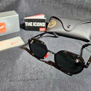 Stylish Black Round Sunglasses with Red Accent Nose Pads - Complete Set, New